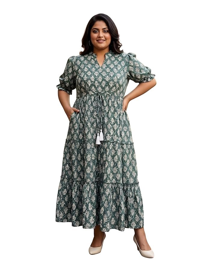 Indietoga Women's Floral Printed Pure Cotton Tiered Maxi Dress (XL to 7XL)